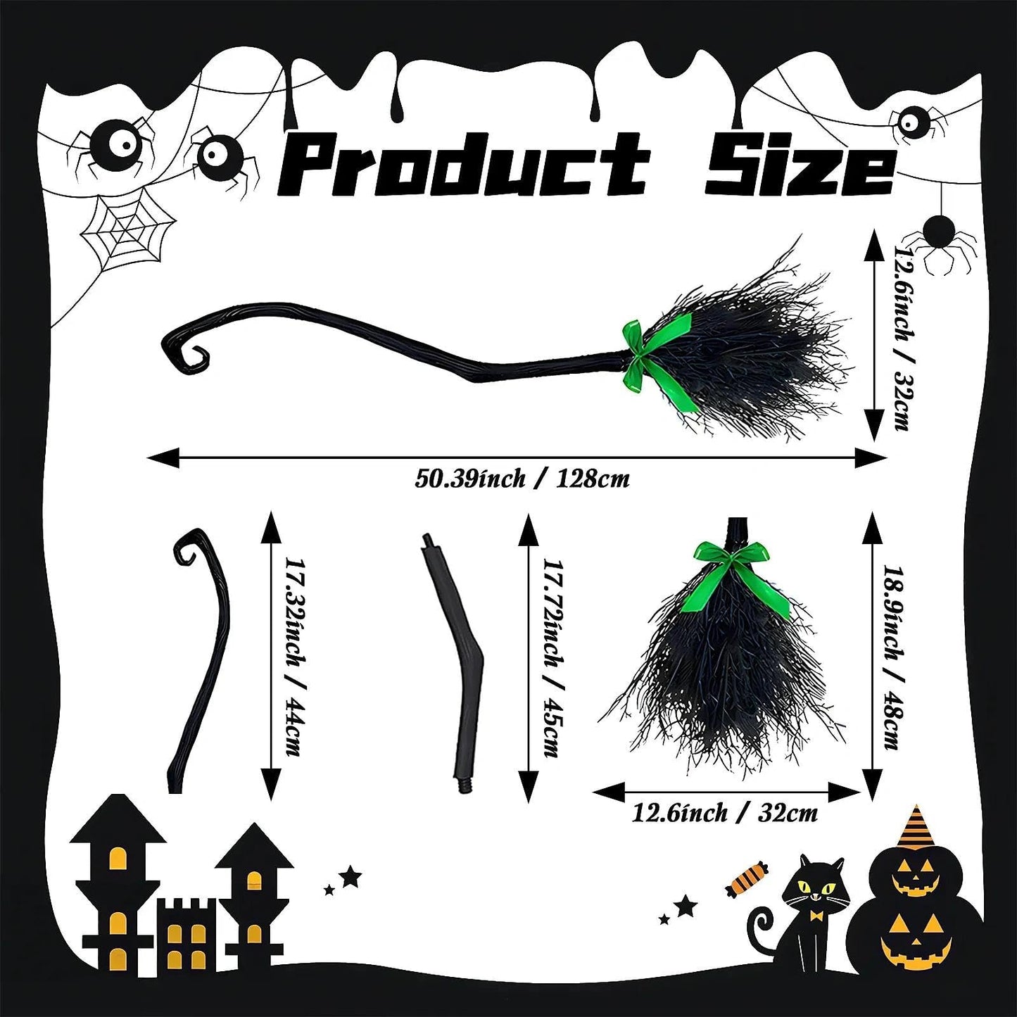 Lachouhaox Halloween Witch Broom with 3 Ribbons, Large Plastic Black Home Decoration Accessory Cosplay Photo Prop for Party