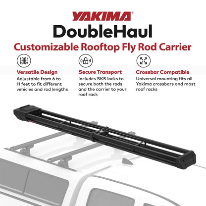 Yakima Rooftop Fly Rod Carrier, Adjustable Length Holder for up to 4 Fly Fishing Poles up to 10 Ft Long – Felt Padding, Reel Box & Tubes for Secure Gear Storage, DoubleHaul