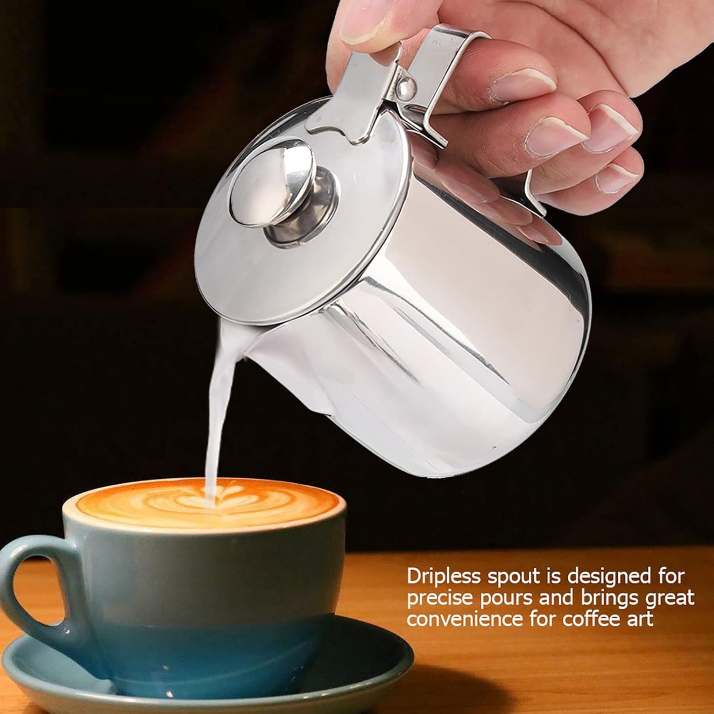 Milk Frothing Pitcher - Stainless Steel Coffee Cup Mug with Lid and Handle for Latte Art, Silver (1500ML)