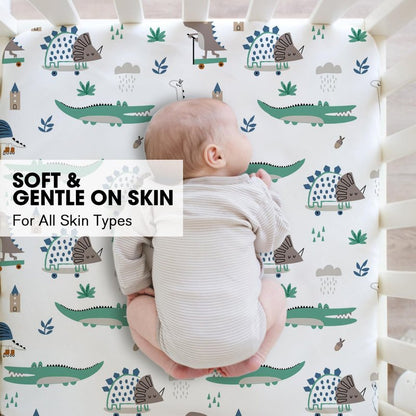 Little Grape Land Crib Sheets 4 Pack for Boys and Girls, Baby Neutral Crib Fitted Sheets for Standard Crib & Toddler Mattress, Super Soft Breathable Fitted Crib Sheet Set (Truck & Alligator)