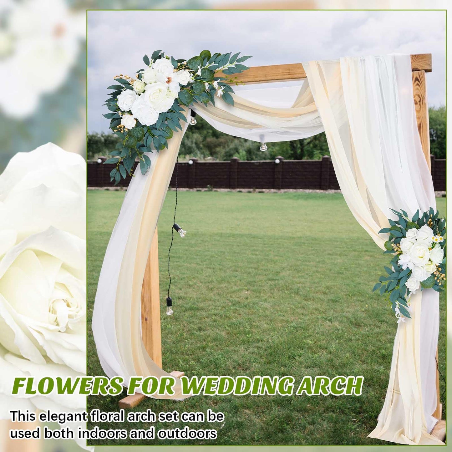 Thiccywoov 4 Pcs Wedding Arch Flowers and Drape Kit Include 2 Artificial Floral Swag and 2 White Chiffon Drapes, Faux Flower Set for DIY Wedding Party Reception Ceremony Backdrop Rose Decoration