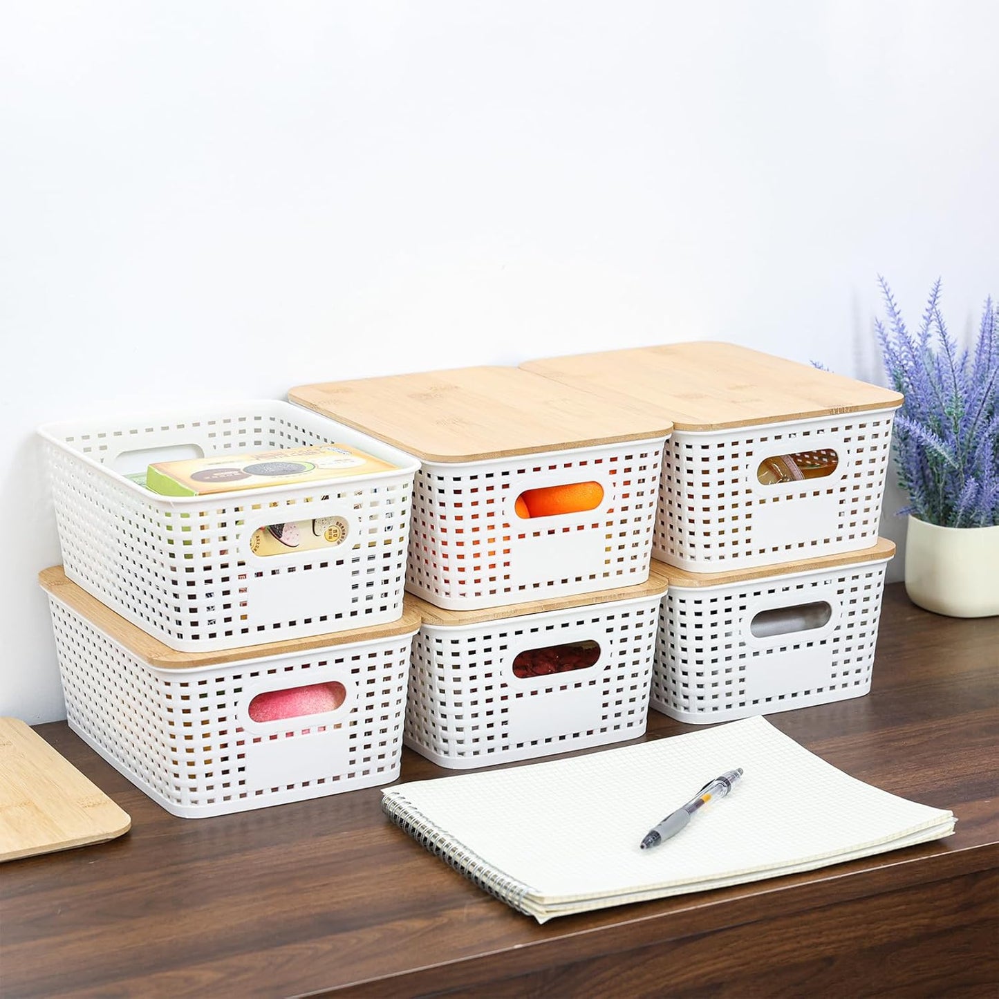 PENGKE 6 Pack Plastic Storage Bins with Lid, Stackable Organizing Container Baskets for Shelves, Drawers, and Office