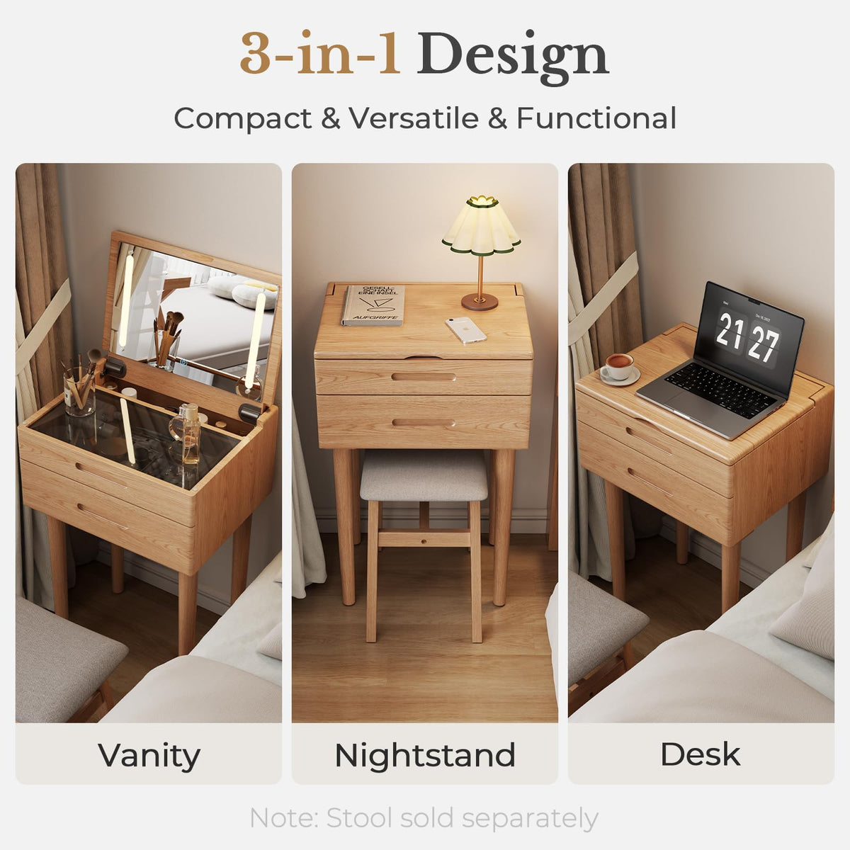Muwuele Solid Wood Small Vanity Desk with Mirror and Lights, Narrow Makeup Vanity for Small Space, Flip Top Vanity Side Table, 3 Color Modes & Adjustable Brightness, 19.6" Slim Dressing Table, Natural