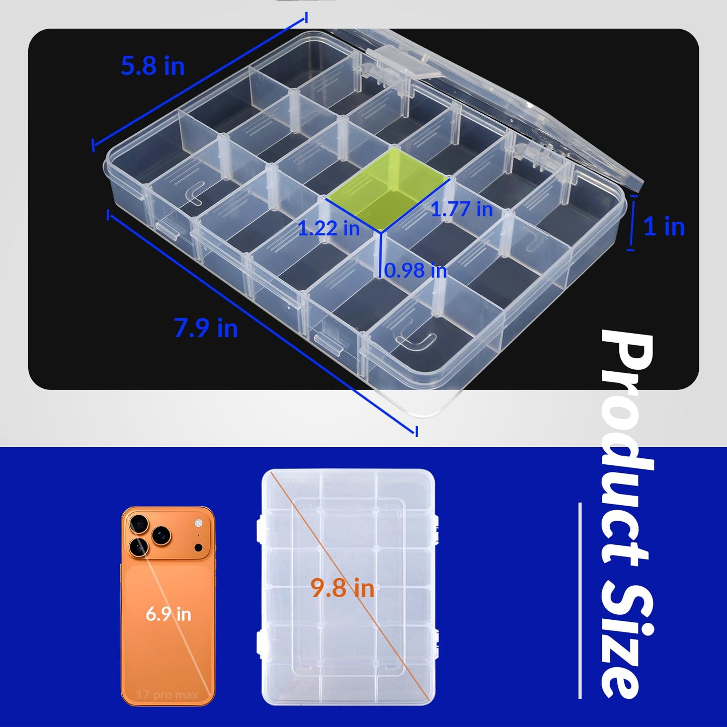 MERRYFILL 18 Grids 7.9 x 5.8 x 1 Compartment Organizer Container with Adjustable Divider 6 Pack multi Plastic Storage Box mini Case for Bead Craft Jewelry Fishing Tackles Nail Charm Sticker Small item
