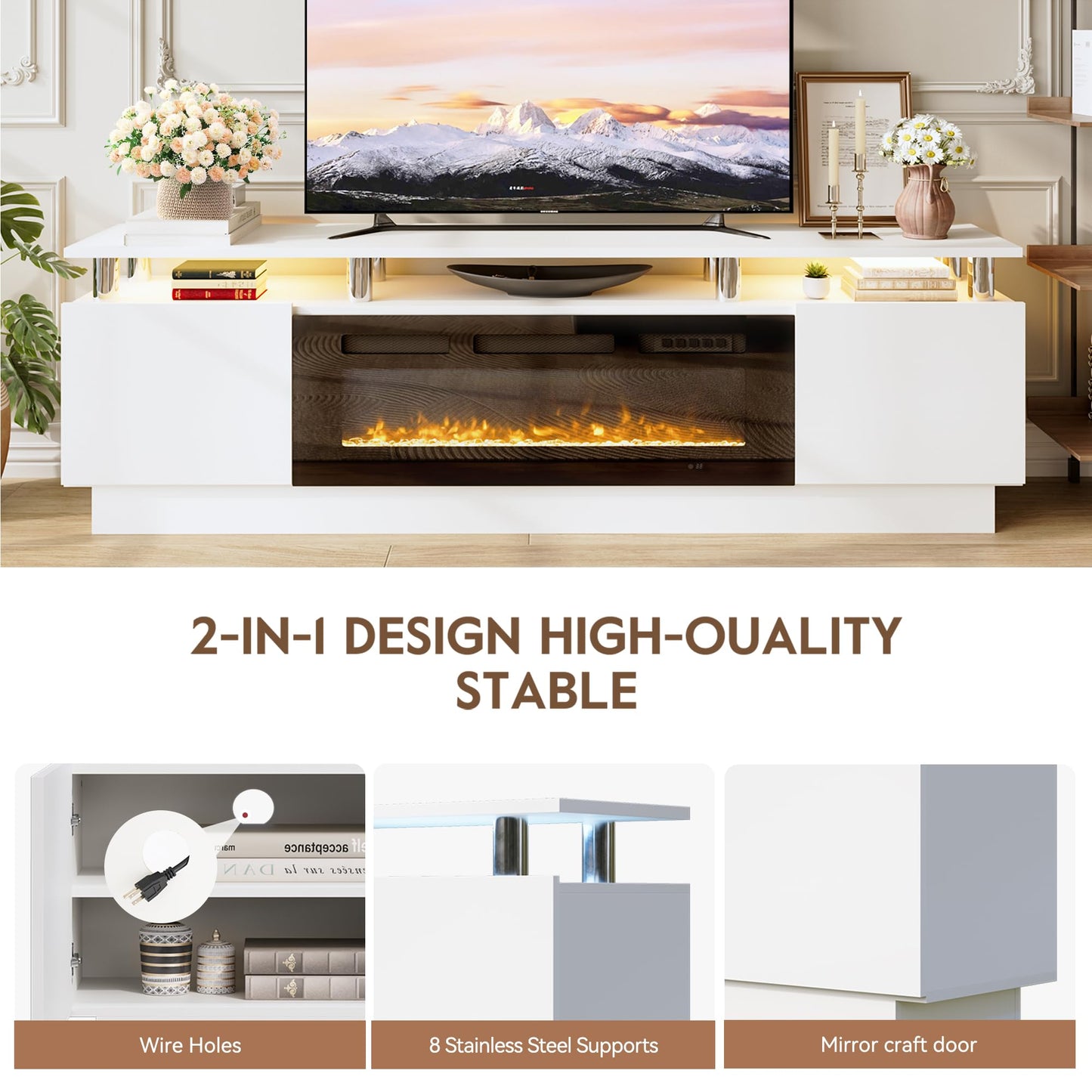 OneBlis 70" Fireplace TV Stand for TVs UP to 80", Electric Fireplace Entertainment Center with LED Lights & Storage Cabinets, TV Console for Living Room, Office, White-Black
