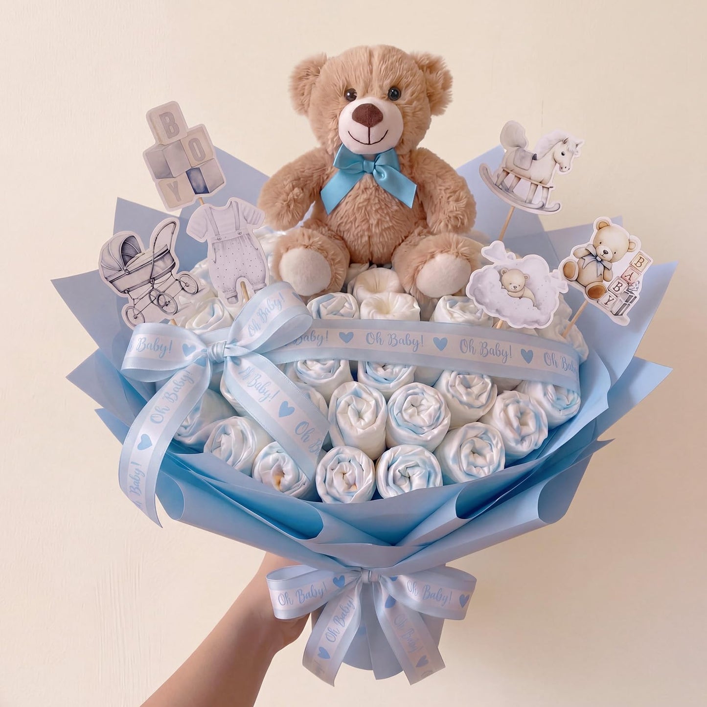 Pinkunn 66pcs Teddy Bear Bouquet DIY Kit Accessory New Mom Gift Newborn Gender Reveal Baby Shower Supplies Flower Making Essentials Decorations with Teddy Bear Light Blue Ribbon Wrapping Paper Cards