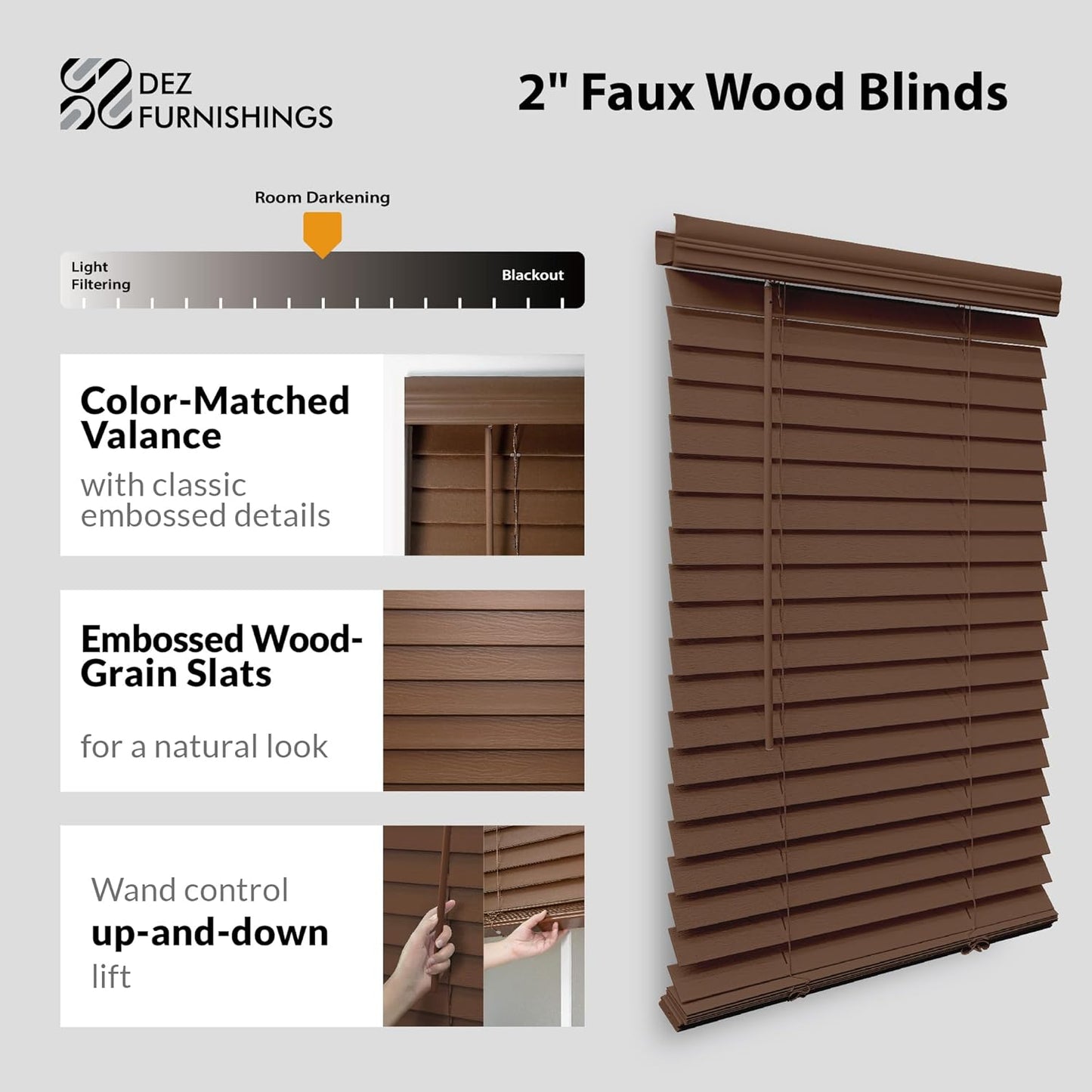 DEZ FURNISHINGS 2" Cordless Faux Wood Blind, Dark Oak, 33" W x 64" H