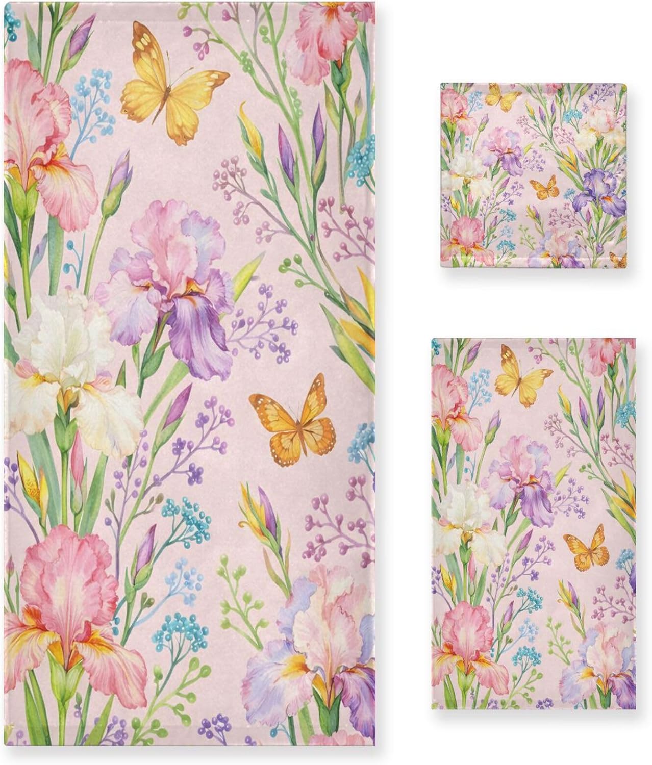 Set Set 3, 1 1 1 ALAZA Chic Iris Purple Flowers and Yellow Butterflies Bath Towel Luxury Decorative of Bath Towel Hand
