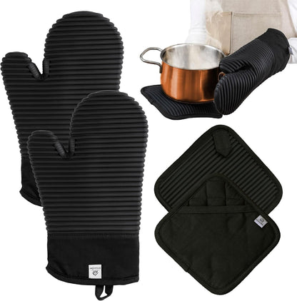 Extra Long Silicone Oven Mitts and Pot Holders Sets | Heat Resistant 500°F BPA-Free Food Grade Silicone Hot Pads & Kitchen Mittens | 4-Piece Set of Oven Gloves & Potholders for Kitchens.