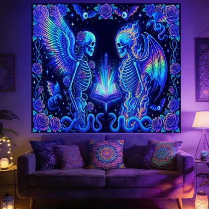 TNKBREEZE Blacklight Tapestry Skeleton Tapestries Wings UV Reactive Black Light Wall Art Glow in the Dark for Bedroom Living Room Dorm Party Decor 51.2 x 59.1 In