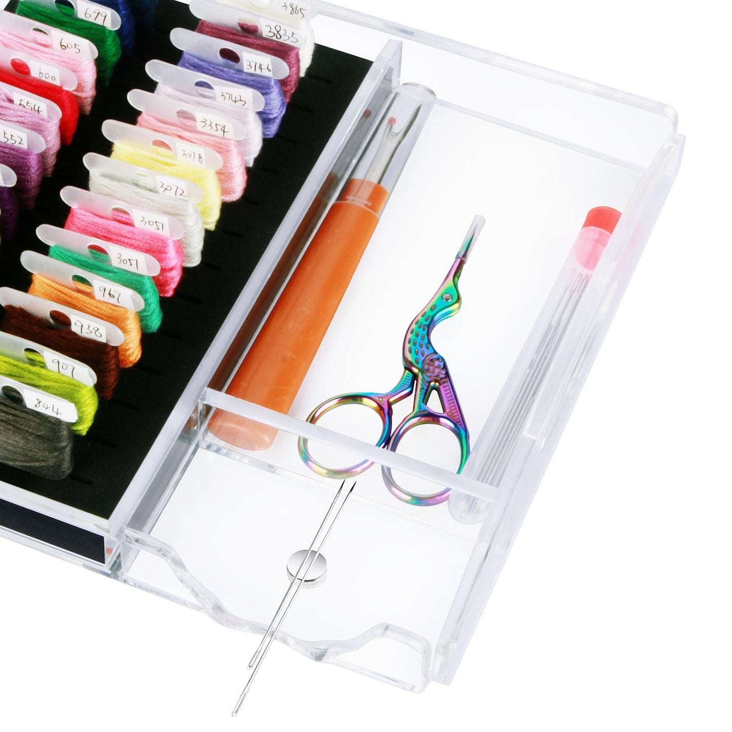 Hamtery Acrylic Working Tray for Cross Stitch and Embroidery Supplies, Embroidery Floss Bobbins Organizer with Magnetic Needle Holder and Tools Storage-Tray Only (Small-For thin/standard bobbin)
