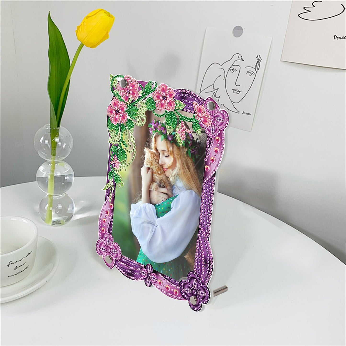 5D Diamond Art Painting Kits Photo Frames with Stand, Flowers Diamond Art Kits Photo Frame Desktop, 5D Special Shape Crystal Rhinestones Diamond Art Kits for Home Living Room Office Table Top Decor