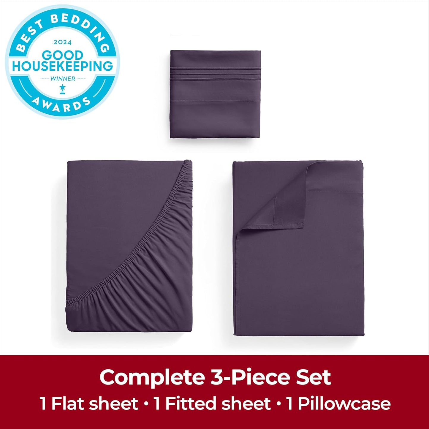 Mellanni Twin Sheets Set - 3 PC Luxury Bedding - Extra Soft, Cooling, Wrinkle & Stain Resistant | Purple