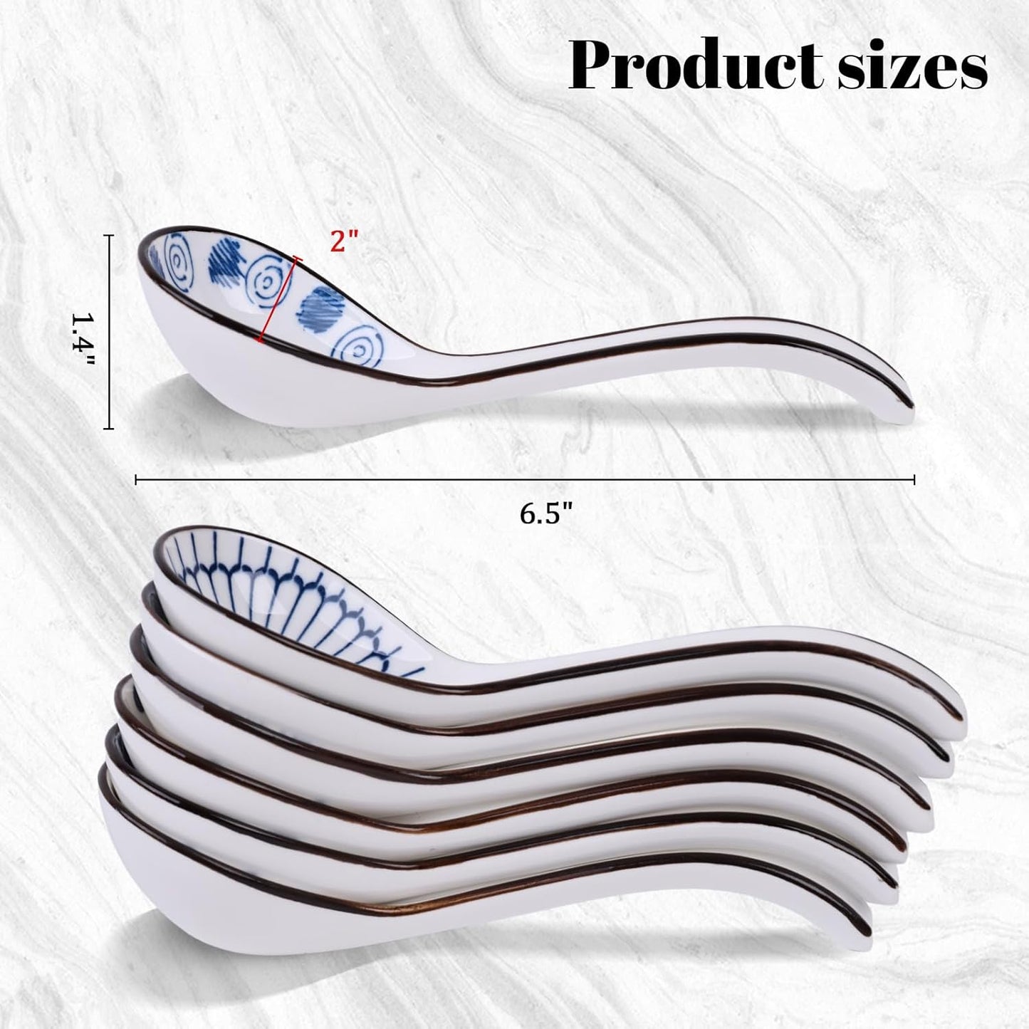 HANSGO 6 Pcs Asian Ceramic Soup Spoons, 6.5 Inch Long Handle Noodle Soup Spoons for Ramen Wonton