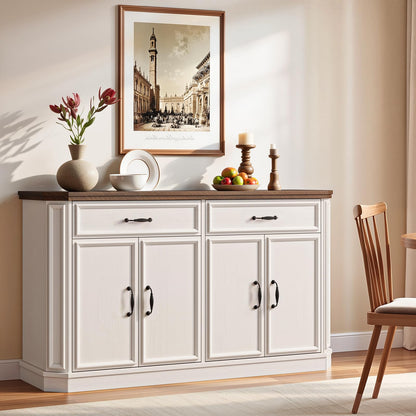 ONBRILL 55" Sideboard Buffet Cabinet with 2 Storage Drawers & 4 Doors, Modern Kitchen Sideboards and Buffets with Adjustable Shelves, Wood Coffee Bar Cabinet for Living Room, Entryway, Off-White