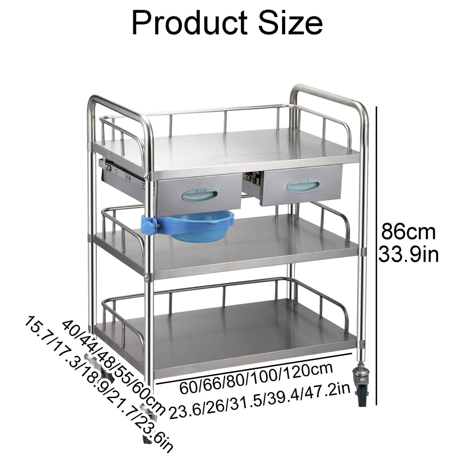 Medical Cart, Stainless Steel Utility Cart Catering Cart, Larger 3 Shelf Heavy Duty Lockable Hospital Cart Medical Cart, With 360°Rotate Wheels Mobile Care Car Clinic Carts ( 120x60cm(47.2x23.6in))