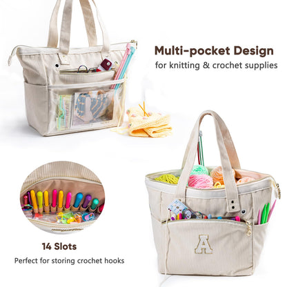 Initial Personalized Crochet Bag Tote - Corduroy Yarn Bag Storage - Yarn Holder for Crocheting - Crochet Organizer for Crochet Hooks, Crochet Accessories,Project Bag Knitting Bag Crochet Lover Gift