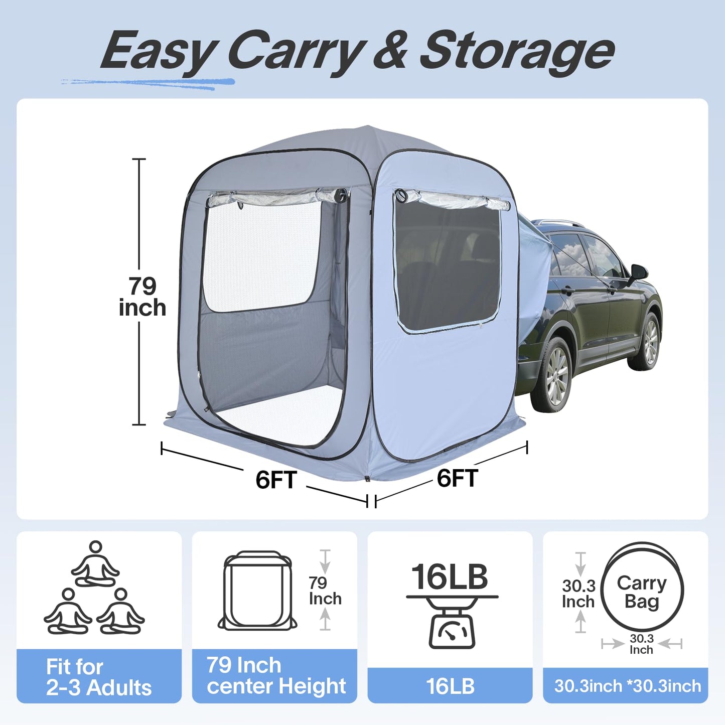 Alvantor® Tailgate SUV Tent for Cars – 6x6x6.6ft Waterproof & UV-Resistant Car Camping Tents with Full Mesh & PVC, Fits SUV, MPV – Portable Instant Setup Tent for 2-3 People