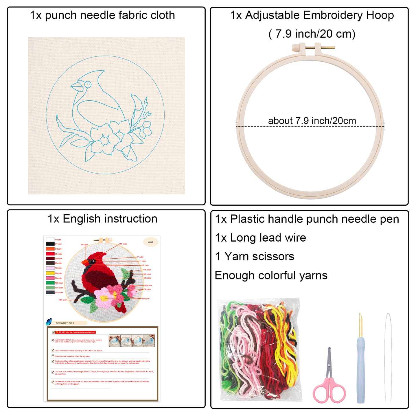 Louise Maelys Beginners Punch Needle Kits,for Starter Adults,Rug Cross Stitch Kit Tool Including Handle Embroidery Pen,Cloth,Hoop,Threads and Instruction-Cardinal Bird Pattern