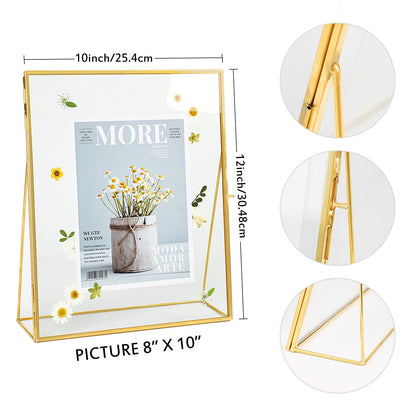 Jajamy Gold Floating Picture Frame Set of 2, 10"x12" Glass Pressed Flower Picture Frames, Tabletop Standing Glass Floating Frame for 8x10 Photo Display