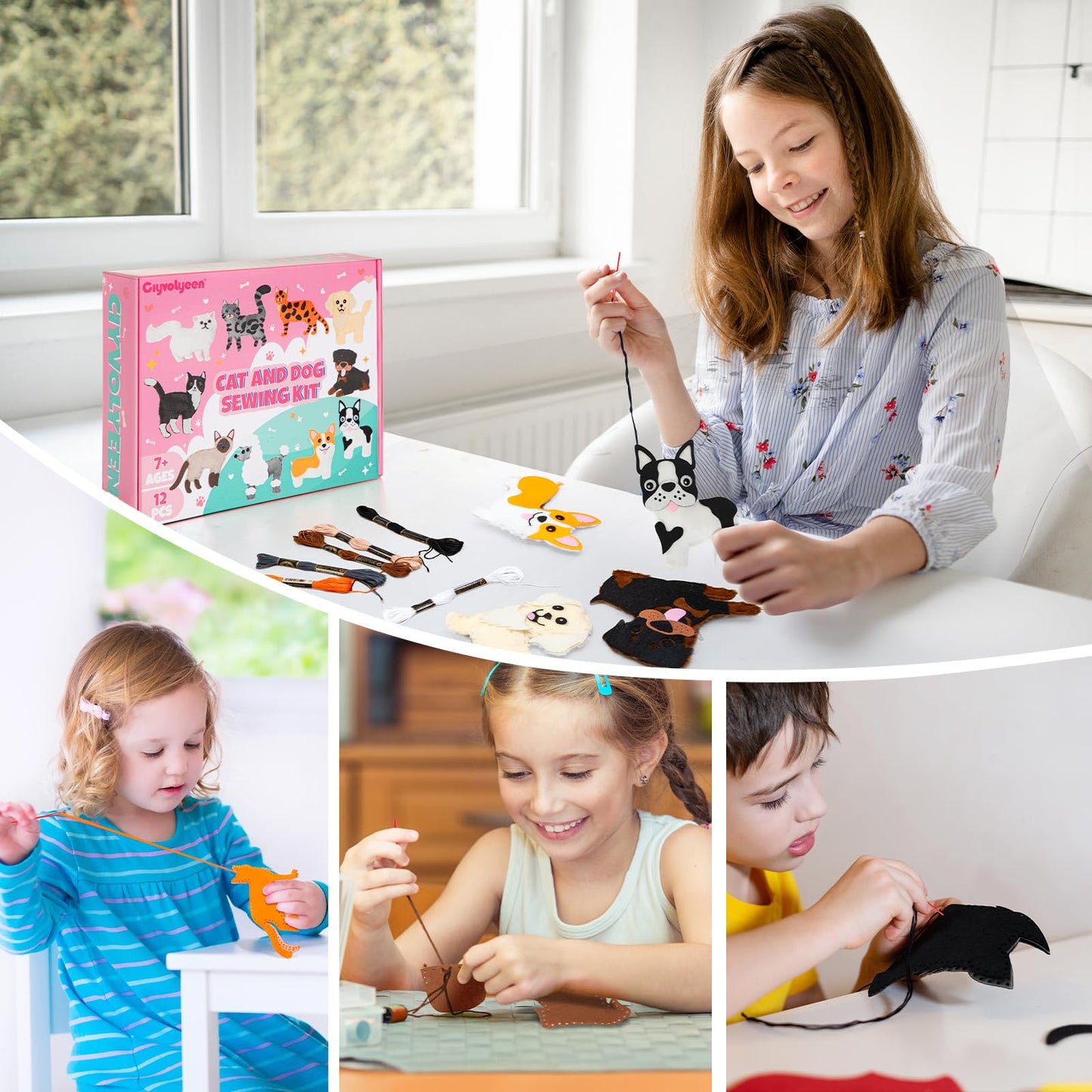 CiyvoLyeen Sewing Kit for Kid Beginner Arts & Crafts 12 Easy DIY Projects of Stuffed Sewing Set Animal Toys of Puppies & Kittens Kit Toy Gift for Girl Boys Learn to Sew Ages 6 7 8 9 10 11 12