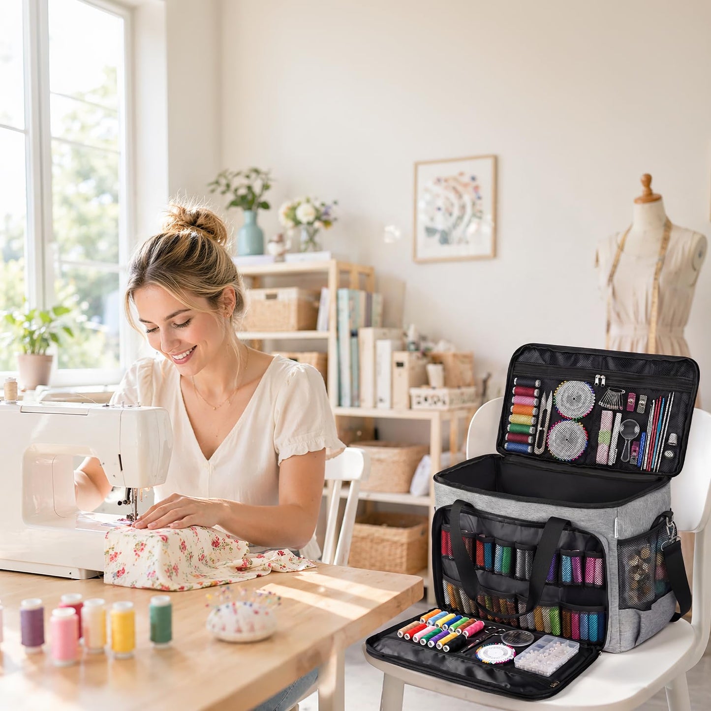 Aiseaulis Sewing Machine Carrying Case with Removable Padding Pad, Portable Sewing Machine Bag with Shoulder Strap for Most Standard Size Singer,Brother,Janome and Sewing Accessories, Grey