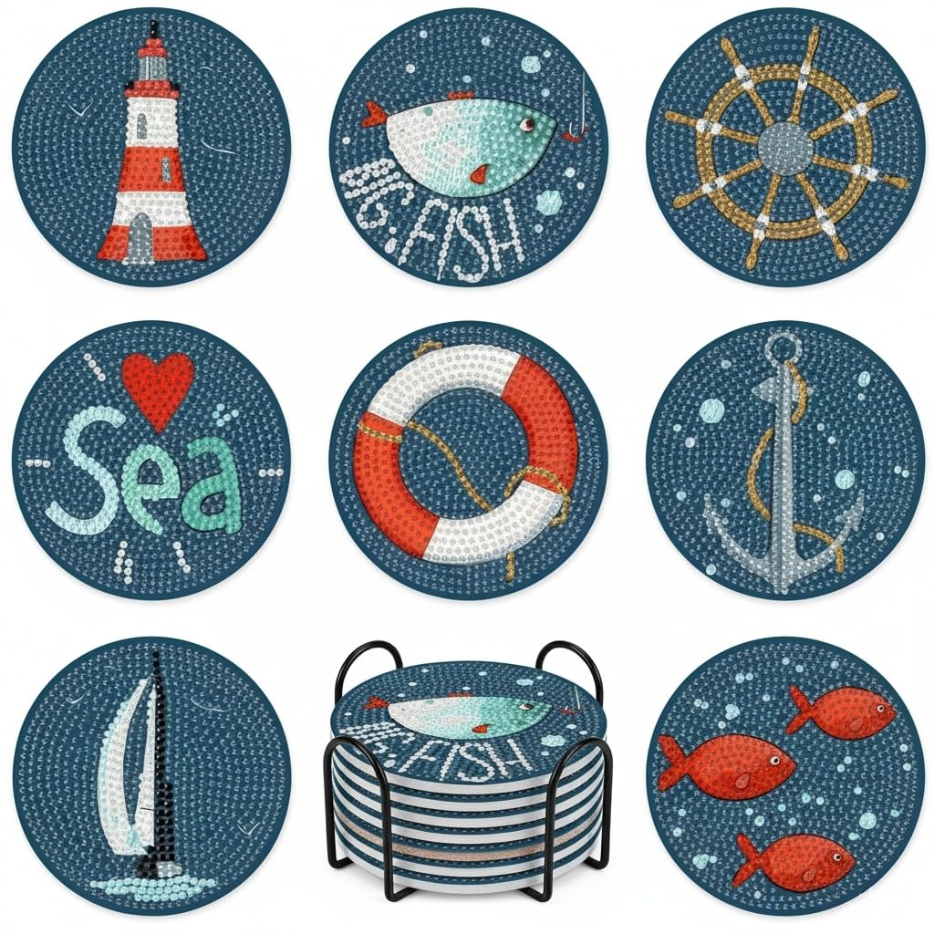 Ocean Nautical Diamond Art Coasters Kits, 8 Pcs Diamond Art Coasters Kit, Diamond Painting Coasters with Holder, Diamond Coasters for Beginners Adults, Crafts Kit for DIY Craft Gift