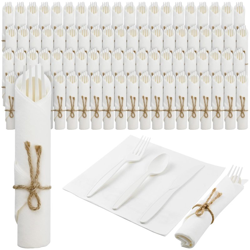 Pre Rolled Napkin Cutlery Set - Compostable Utensils 8" Large Disposable Utensils Wrapped Forks Knives Spoons Napkins Cornstarch Biodegradable Silverware Cutlery for Party (100)