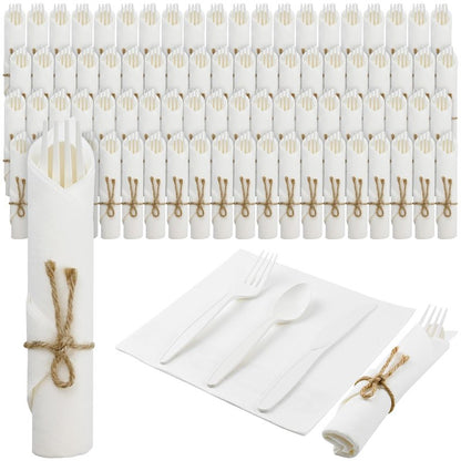 Pre Rolled Napkin Cutlery Set - Compostable Utensils 8" Large Disposable Utensils Wrapped Forks Knives Spoons Napkins Cornstarch Biodegradable Silverware Cutlery for Party (100)