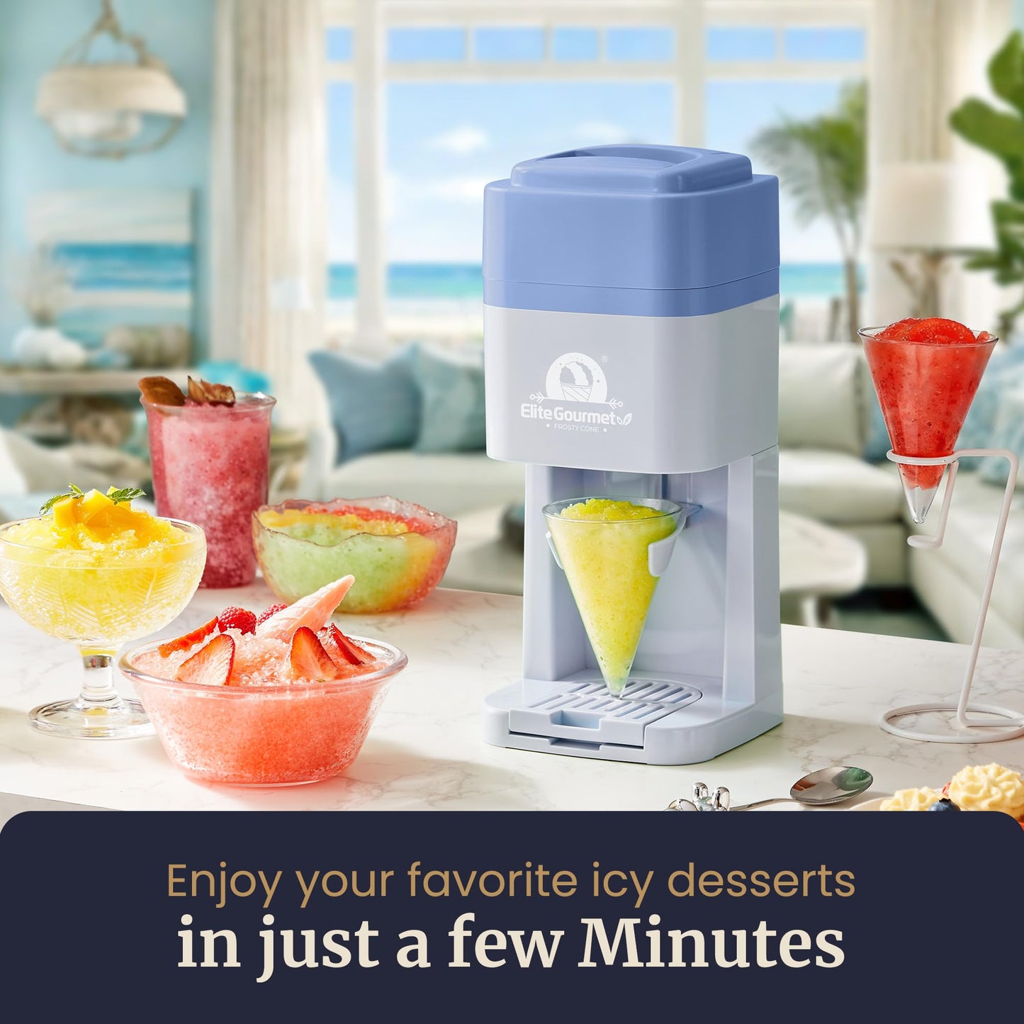Elite Gourmet Snow Cone & Shaved Ice Maker, ESI2215P, Refreshing Slushies, Margaritas, Boba Drinks, Snow Cone & Holder and Ice Mold, Use Cubed & Bagged Ice, Stainless Steel Shaving Blade, Periwinkle