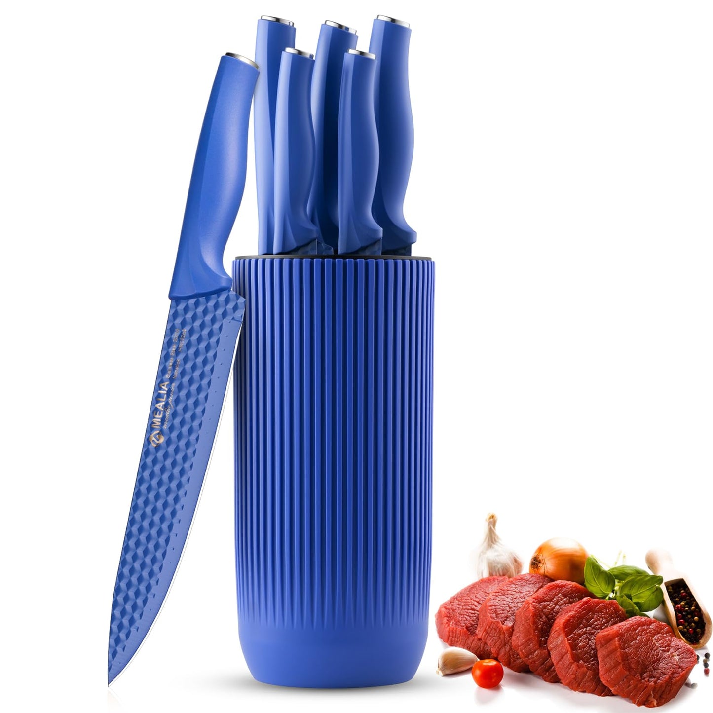 Mealia Kitchen Knife Set with Block, 6-Piece Non-stick Stainless Steel Sharp Knives Set for Precision Cutting with Universal Knife Block for Kitchen, Ergonomic Design & Dishwasher Safe, Purple