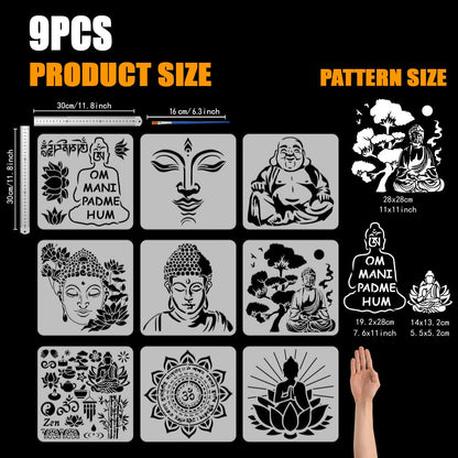 FINGERINSPIRE 9 Pcs Religious Pattern Stencils with a Brush 11.8x11.8Inch Buddha Painting Stencils Yoga Pattern Template PET Mandala Lotus Flower Template for Wood Wall Floor Tiles Furniture