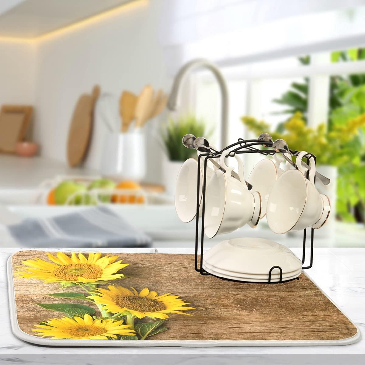 Absorbent Dish Drying Mat for Kitchen Counter, Yellow Sunflower Microfiber Reversible Drainer Mat (Medium 16 x 18 inch)