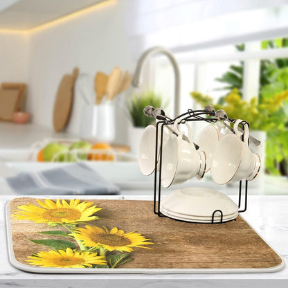 Absorbent Dish Drying Mat for Kitchen Counter, Yellow Sunflower Microfiber Reversible Drainer Mat (Medium 16 x 18 inch)