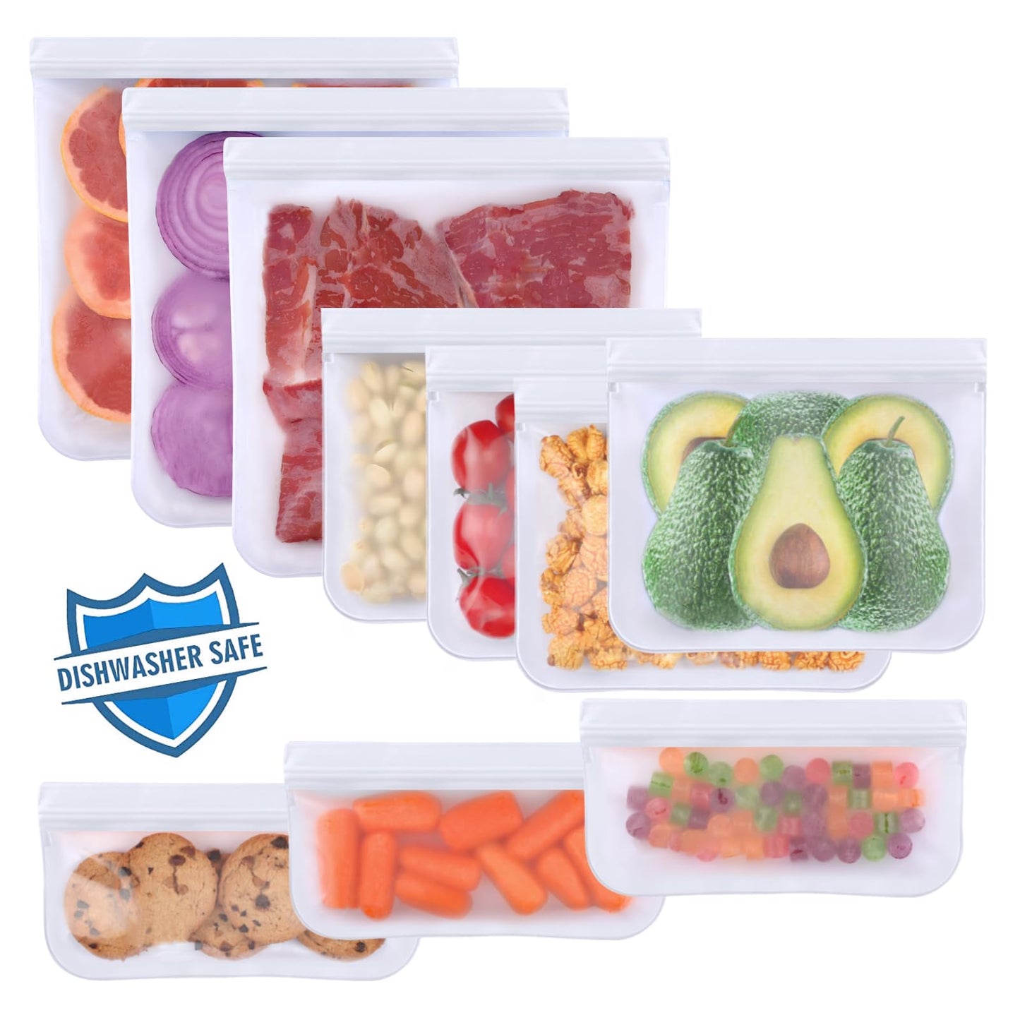 Lerine 10 Pack Dishwasher Safe Reusable Bags, Leakproof Reusable Freezer Bags, BPA Free Food Storage Bags for Marinate Food Travel - 3 Gallon 4 Sandwich 3 Snack