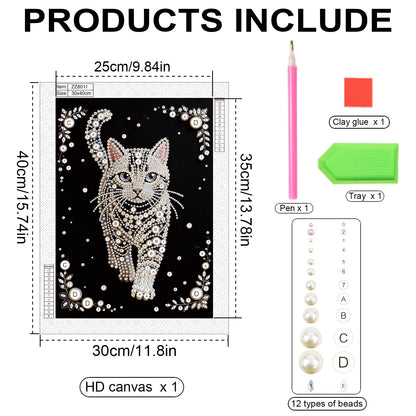 WSLWXSHM Pearl Diamond Painting Kits for Adults Cat, 5D Special Shape Diamond Art Kits for Beginners, Crystal Rhinestones Diamond Painting for Home Wall Decoration Gift 12×16inch/30×40cm, Animal