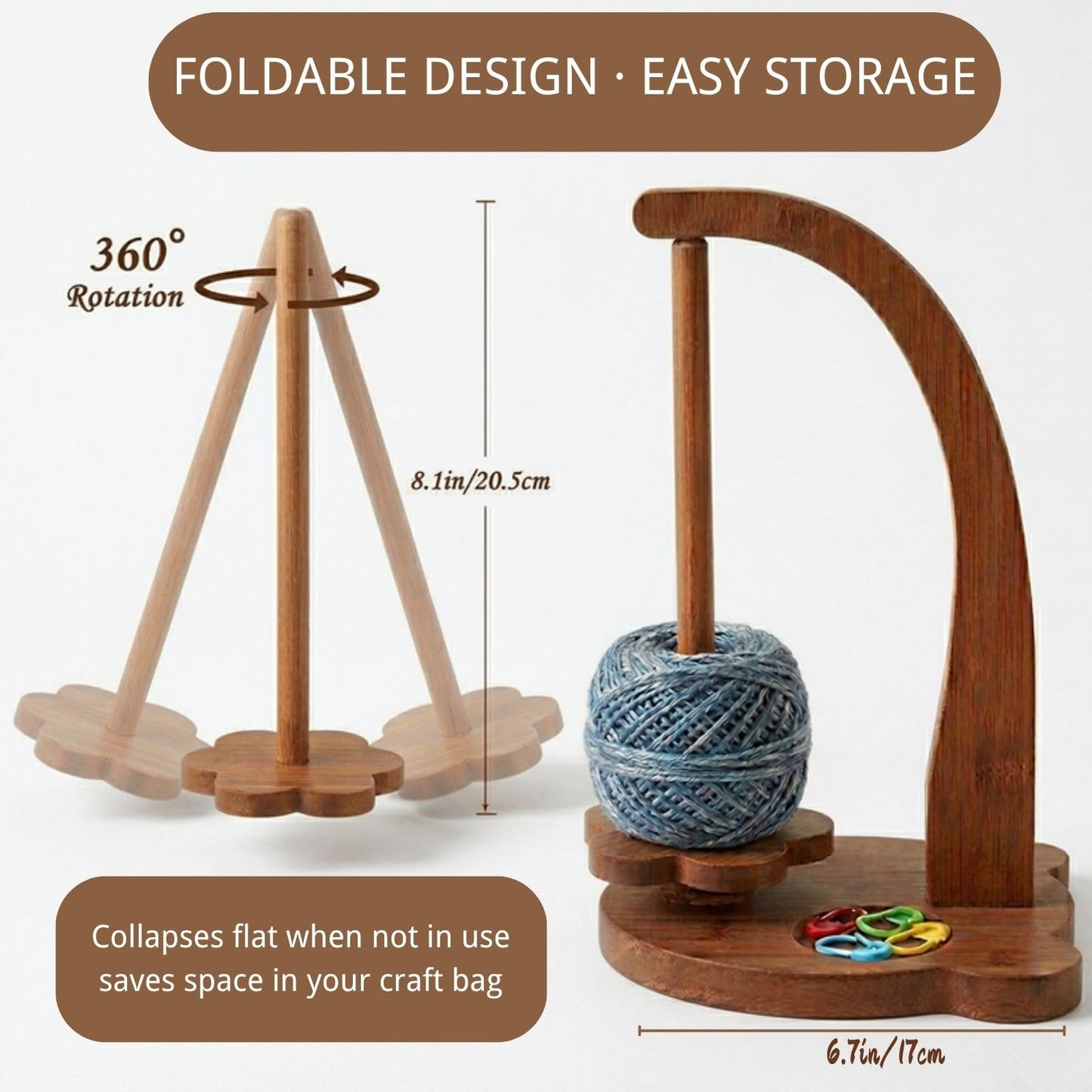 Blingcute Wooden Yarn Holder for Crochet and Knitting, 360° Rotating Bear-Shaped Yarn Stand, Anti-Tangle with Flower Base, Marker Tray, Anti-Slip Pads, Crochet Accessories Gift for Women