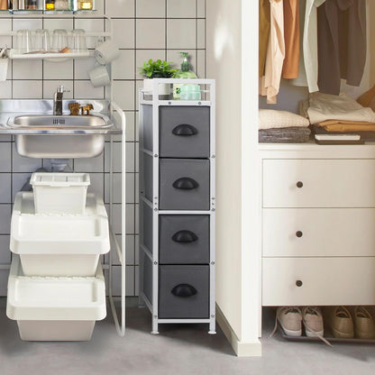 MOOACE Narrow Dresser with 4 Drawers, Vertical Storage Tower, Small Fabric Dresser, Steel Frame & Wooden Top for