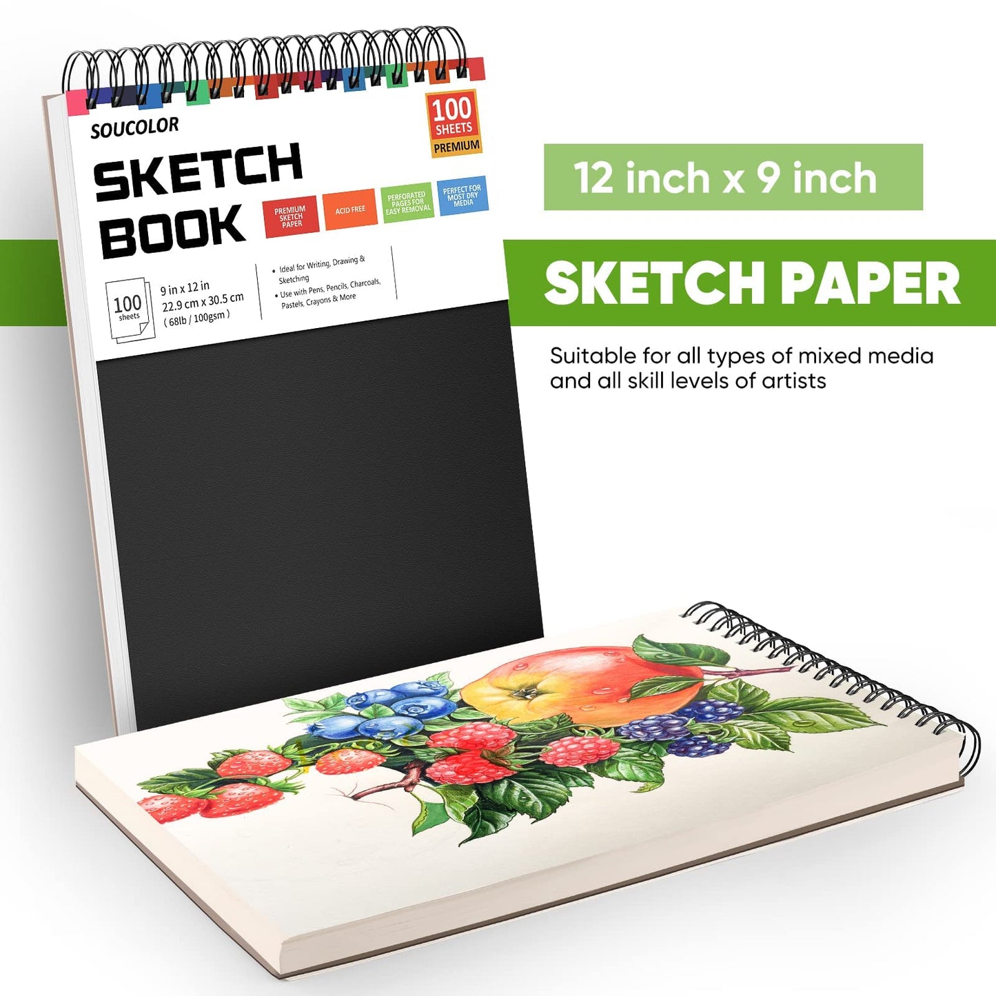 Soucolor 9" x 12" Sketch Book, 100 Sheets Top Spiral Bound Sketchbook with Acid-Free 68lb/100gsm Thick Drawing Paper, Art Sketch Pad for Kids, Adults & Artist, Professional Art Supplies for Beginners
