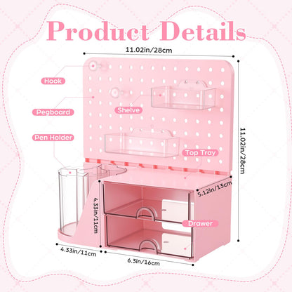 Novabright Desk Organizer with 2 Drawers, Rotating Pen Holder with 5 Slots & Pegboard, Back to School & End of School Year Gifts, Multifunctional Desktop Storage for Desk Home Office Supplies(Pink)