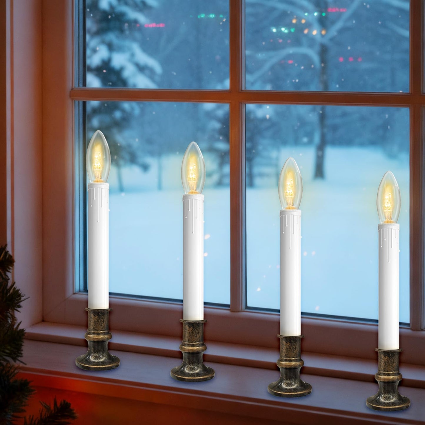 SUNSGNE Battery Operated Window Candles, Flameless Window Candles with Auto Timer for Holiday Home Table Christmas Decor, C26 LED Ultra-Bright Bulbs, 4 Pack, Antique Bronze Base