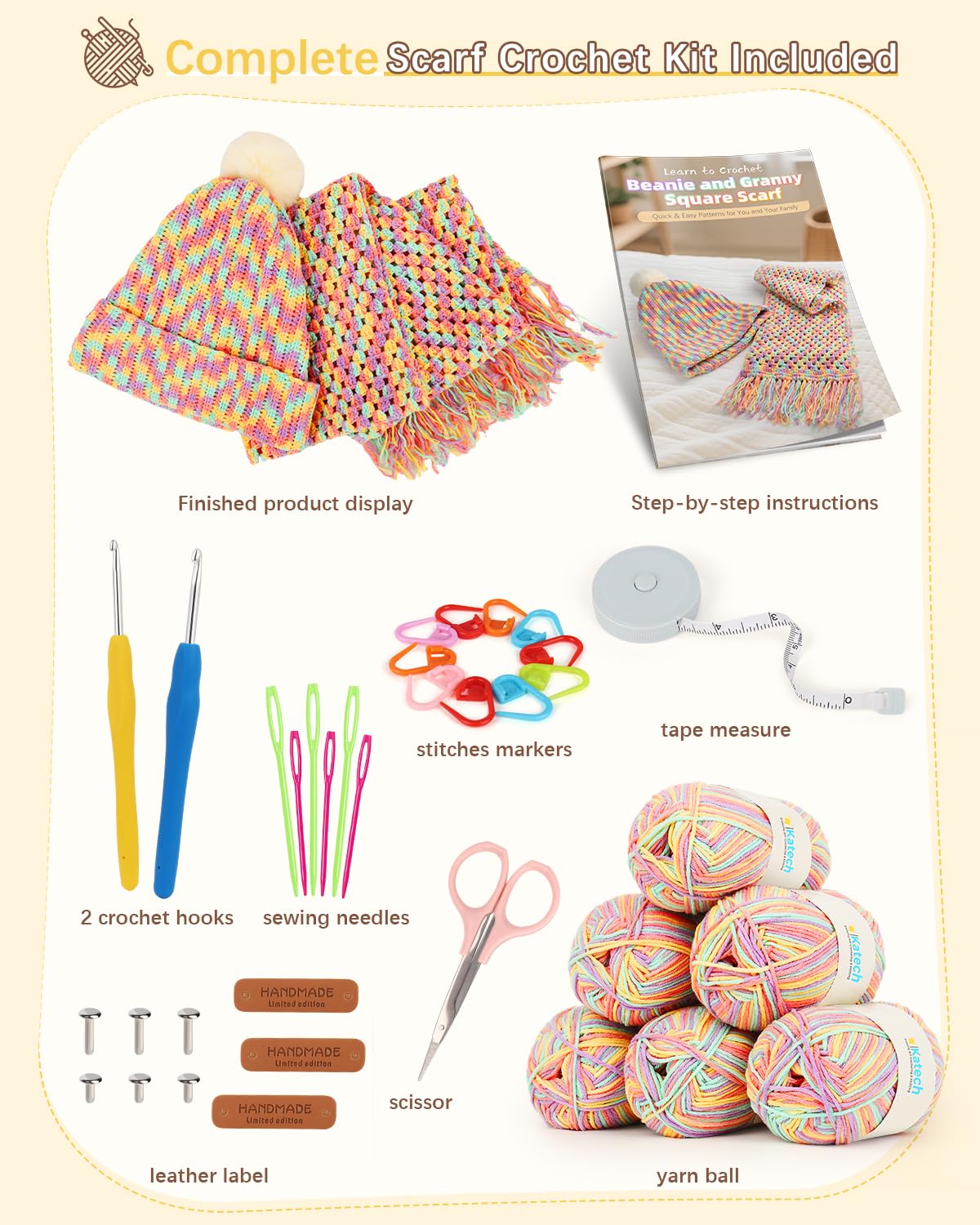 Katech Crochet Kit for Beginners-Crochet Kit for Adults Learn to Crochet Granny Square Scarf Beanie Hat, Complete Set for Crocheting Scarf w/Step-by-Step Instructions 6 Blend Yarn-Macaron