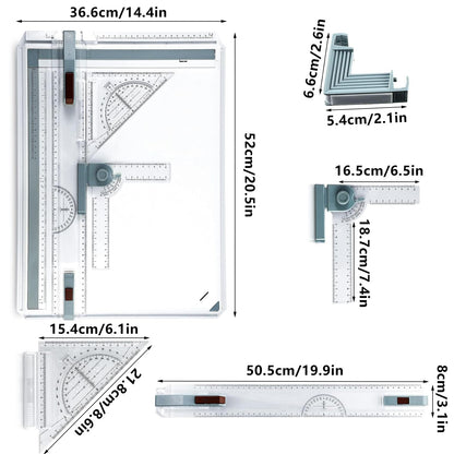 A3 Portable Drawing Table Board with Clear Rule Parallel Motion and Angle Adjustable Measuring System, Multi-Function Metric Drawing Board Drafting Table for Engineering Students
