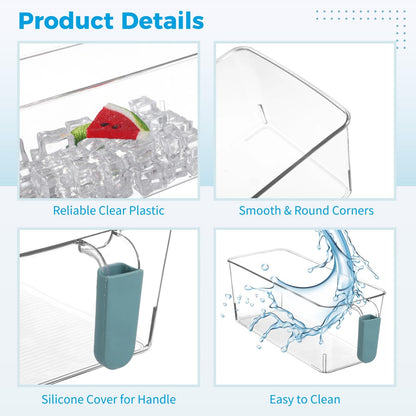 2 Pcs Ice Bin with Scoop and Tong, Ice Bucket with Handle for Freezer, 2 Sizes Clear Plastic Ice Container for DIY Drink Summer Party, 12.2 x 6.9 x 4.3 in, 12.2 x 4.9 x 4.3 in, Cyan