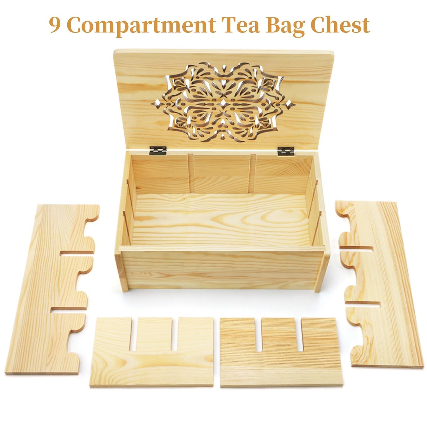 WRINGKIT Tea Bag Organizer Box, Wooden Tea Bag Chest Holder Container with 9 Compartment Floral Carved Lid, Multi-Functional Decorative Box for Storage Sugar Packet, Sweets, Christmas Gift