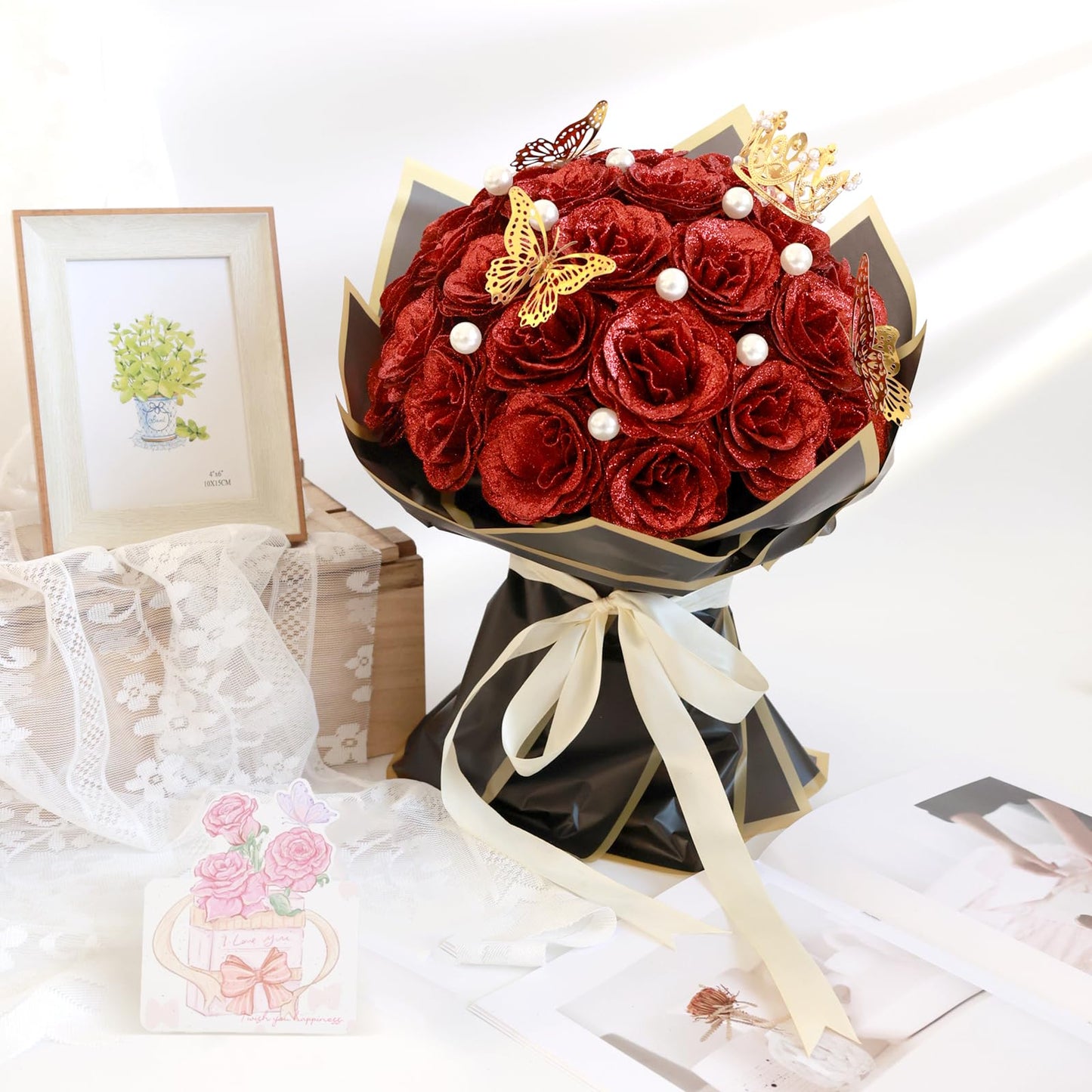 jabeick Glitter Roses Bouquet, Shiny Artificial Roses Flowers with Stems DIY Fake Glitter Flowers Bouquet for Valentines Mothers Day Graduation Birthday Anniversary, 24 Roses (Red)
