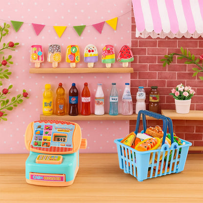Miniature Food Play Set for Kids - Includes Refrigerator Freezer Ice Cream Drinks & Display Shelves Realistic Toy for Imaginative Play, for Toddlers