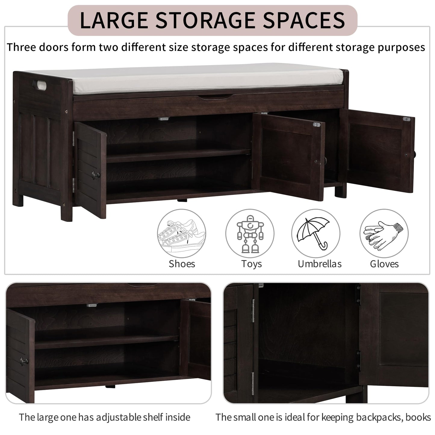 Acosure Wood Storage Bench 3 Shutter-Shaped Doors,Multifunction Shoebox W/ 2 Size and Removable Cushion & Hidden Savings Space,for Entryway,Bedroom,Living Room,Espresso