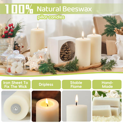 Natural Beeswax Pillar Candles,100% Pure Beeswax Candles-258 Hours Long Burning,Off-White Unscented Bees Wax Candles for Home,Prayer,Dripless Smokeless Organic Pillar Candles Bulk-2x4in-6 Pack
