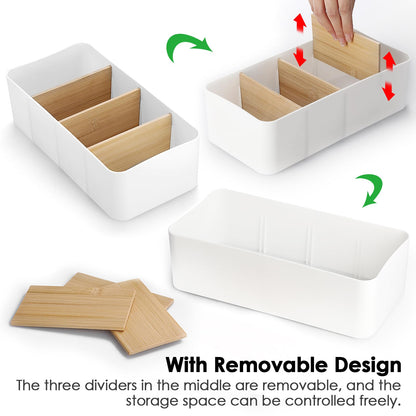 BSTKEY Seasoning Packet Organizer, Food Storage Organizer with Divided 4 Bamboo Wood Compartments, White Plastic Storage Caddy for Pantry Cabinet, Kitchen Organization Bin for Snacks Spice Packets